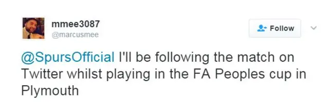 A tweet from a Tottenham fan playing in the FA People's Cup