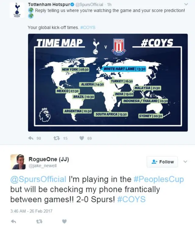 A tweet from a Tottenham fan playing in the FA People's Cup