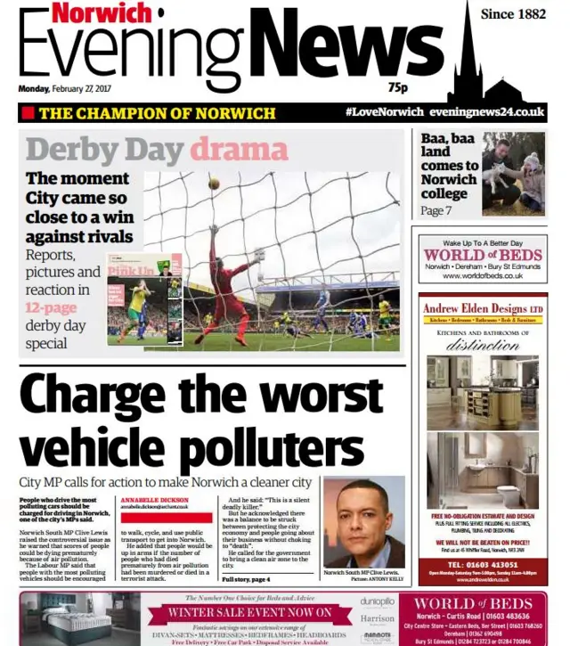 Front page of Norwich Evening News