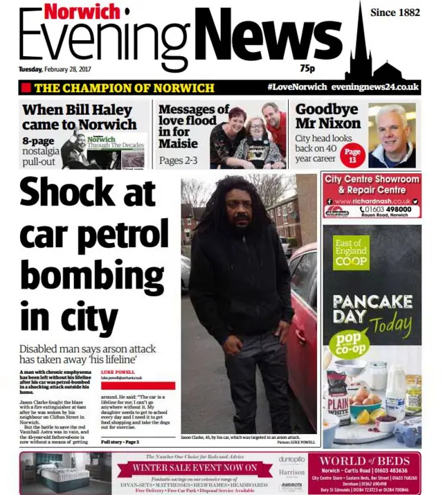 Front page of the Norwich Evening News