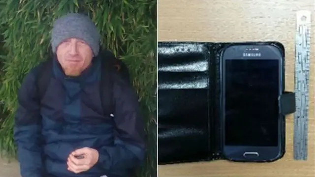 Darren Witcome and phone. Pics: Devon and Cornwall Police