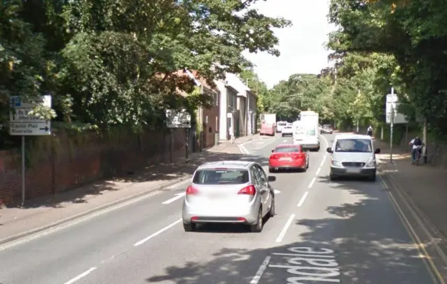 
          A view of Bracondale, with two city-bound lanes and one out-bound
        