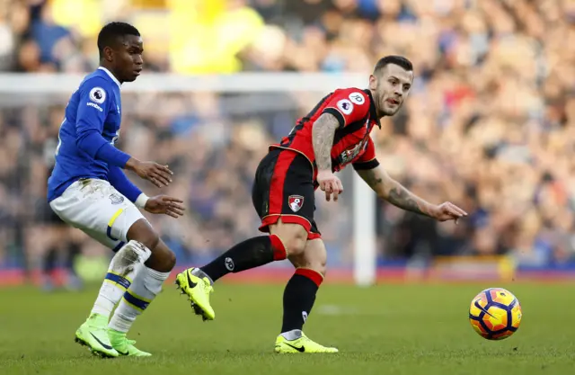 Bournemouth"s Jack Wilshere in action with Everton"s Ademola Lookman