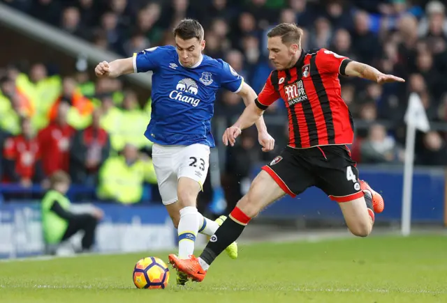 Everton"s Seamus Coleman and AFC Bournemouth"s Dan Gosling battle for the ball