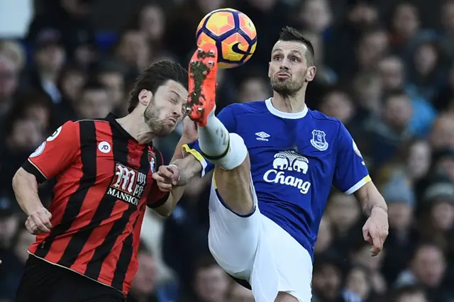 Everton"smidfielder Morgan Schneiderlin vies with Bournemouth"s midfielder Harry Arter