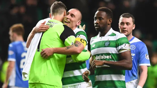 Celtic's Craig Gordon and Scott Brown celebrate against St Johnstone