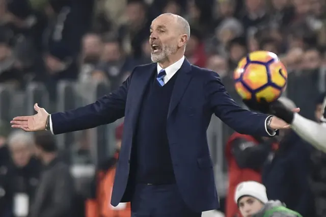 Inter Milan"s coach Stefano Pioli reacts