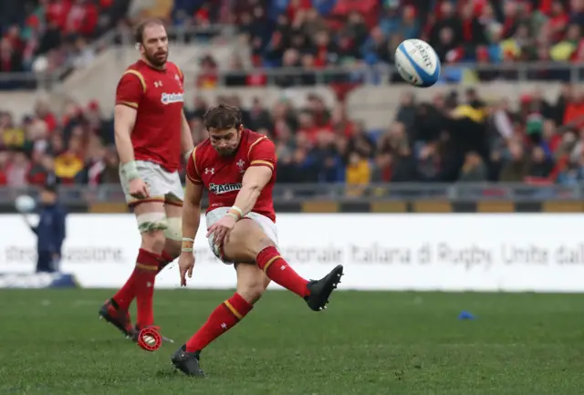 Leigh Halfpenny of Wales kicks a penalty