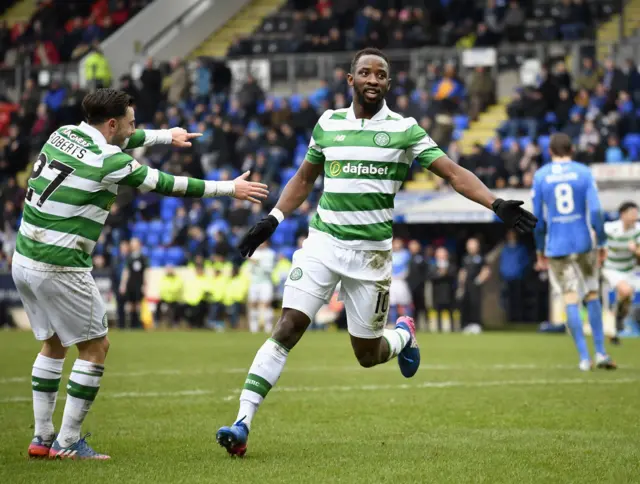 Celtic's Patrick Roberts and Moussa Dembele celebrate