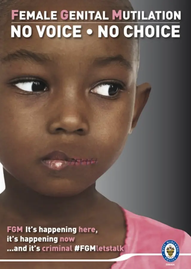 Police anti-FGM poster with young girl whose lips have been sewn shut bearing slogan 'no voice, no choice'