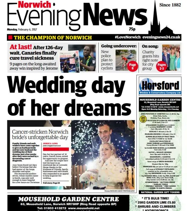 Front page of the Norwich Evening News