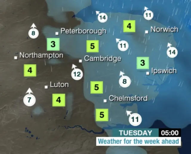 Weather graphic for 05:00, showing rain over most of East Anglia