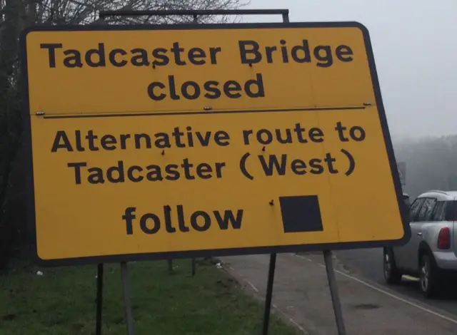 Road sign still in place to say Tadcaster Bridge is closed