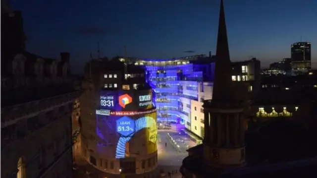 Referendum result beamed onto Broadcasting House