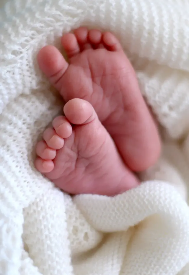 The feet of a new born baby, in a white blanket