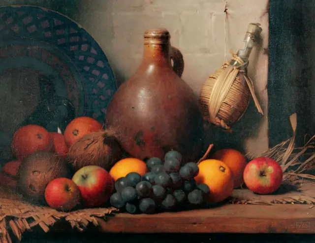 Still Life by walter Dexter, showing various fruits on display, with jugs