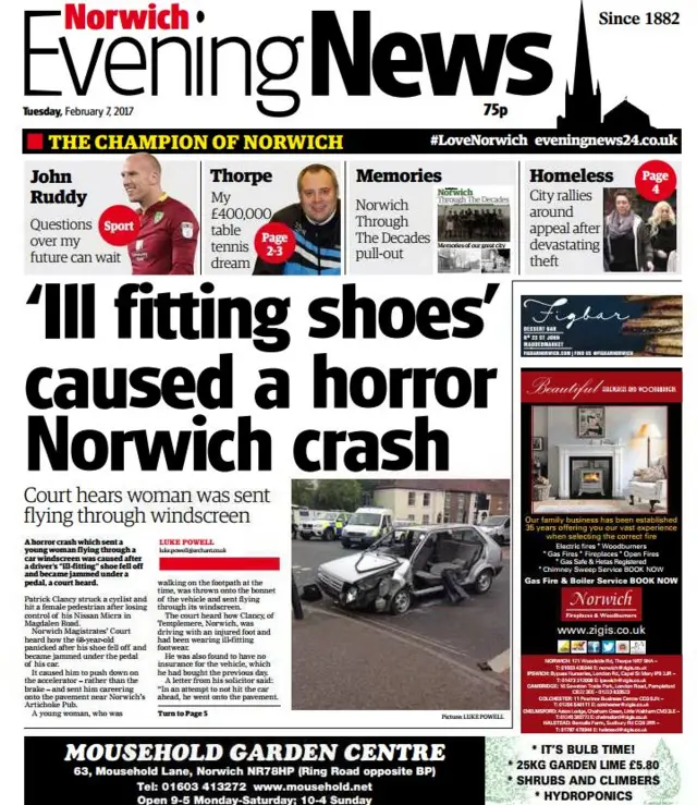 The front page of the Norwich Evening News