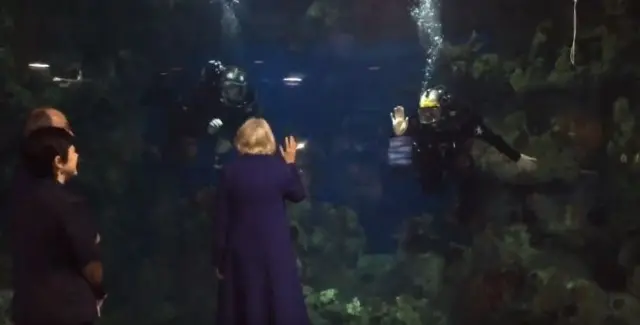 Duchess of Cornwall waving at divers at The Deep