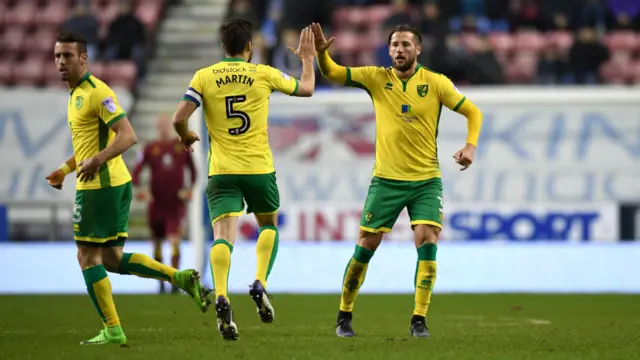 Norwich City's Russell Martin and Mitchell Dijks celebrating a goal.