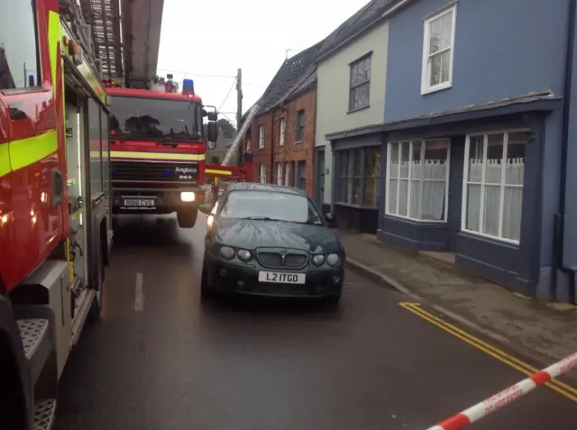 London Road in Harleston, with fire engines