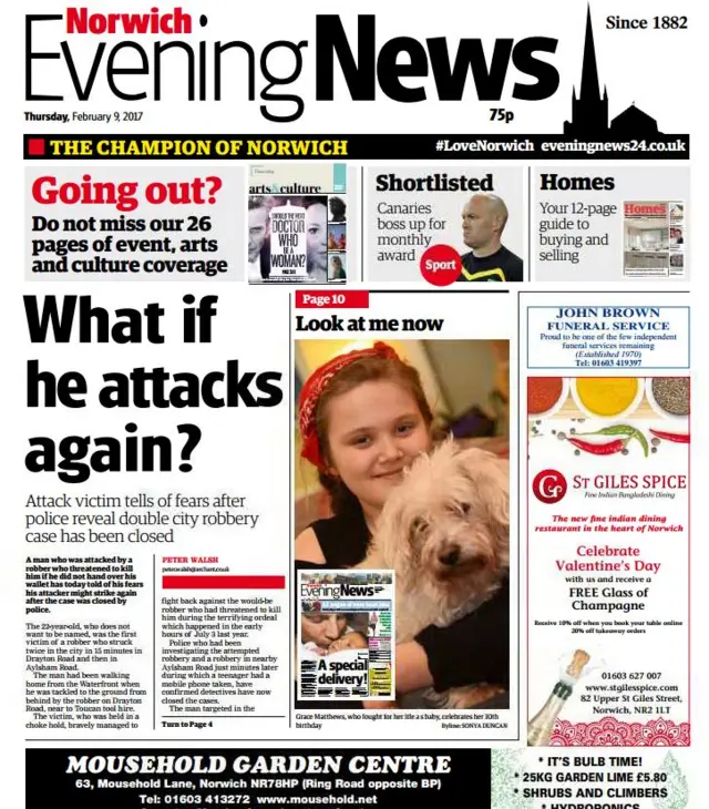 Front page of the Norwich Evening News