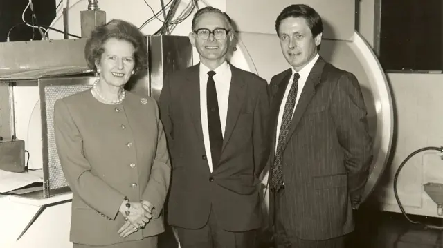 Sir Peter Mansfield with Margaret Thatcher and Sir Colin Campbell