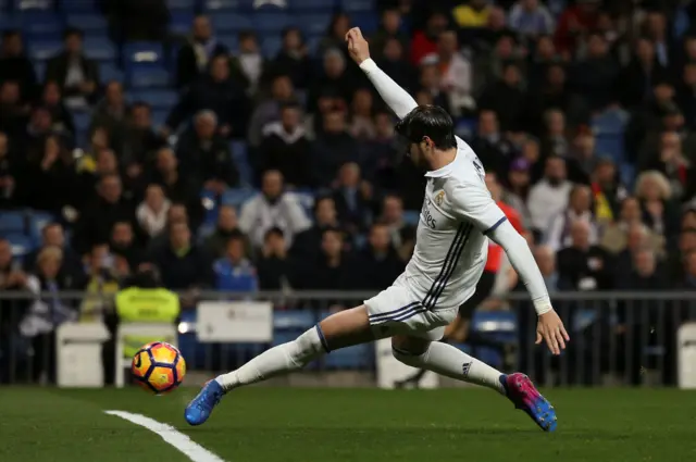 
          Real Madrid"s Alvaro Morata scores a goal which was disallowed
        