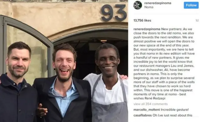 
          Ali Sonko, far right, along with restaurant managers James Spreadbury and Lau Richter, are now partners in Noma, Copenhagen
        