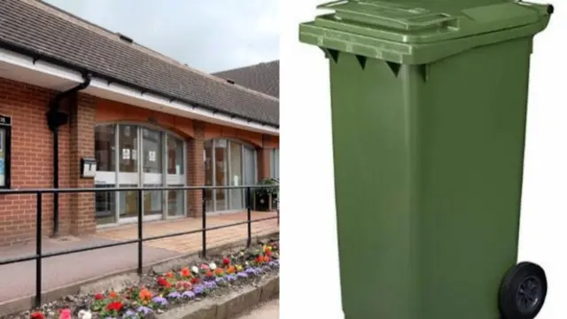 Council headquarters and a wheelie bin