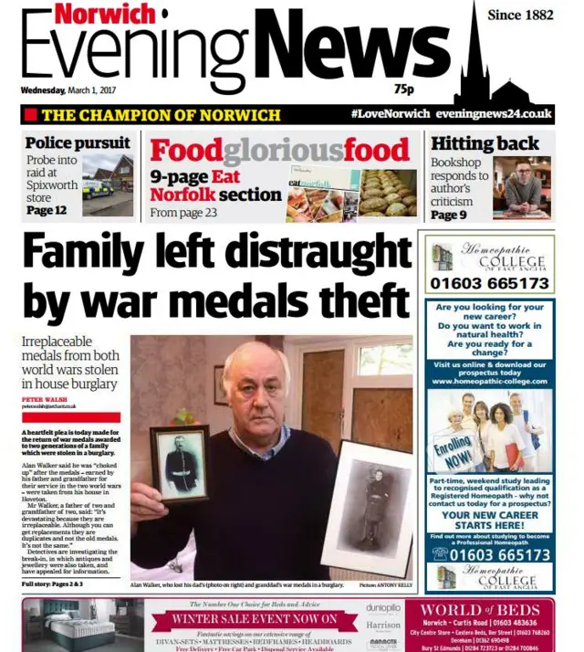 Front page of Norwich Evening News