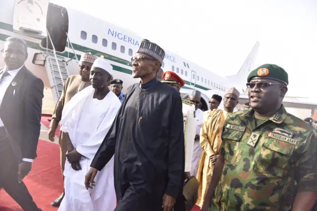 President Buhari after arriving at a Kaduna military base