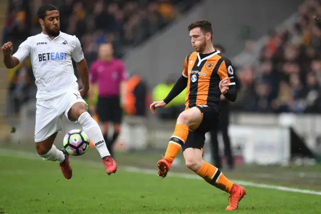 
          Andrew Robertson vies with Swansea City"s Wayne Routledge
        