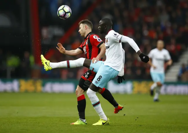 
          Bournemouth"s Marc Pugh in action with West Ham United"s Cheikhou Kouyate
        