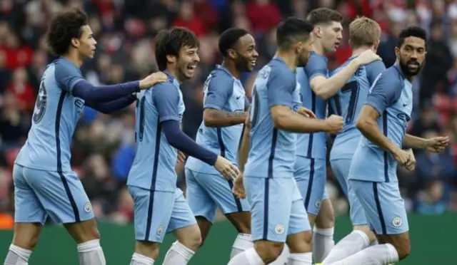 
          Manchester City celebrate their opening goal against Middlesbrough
        