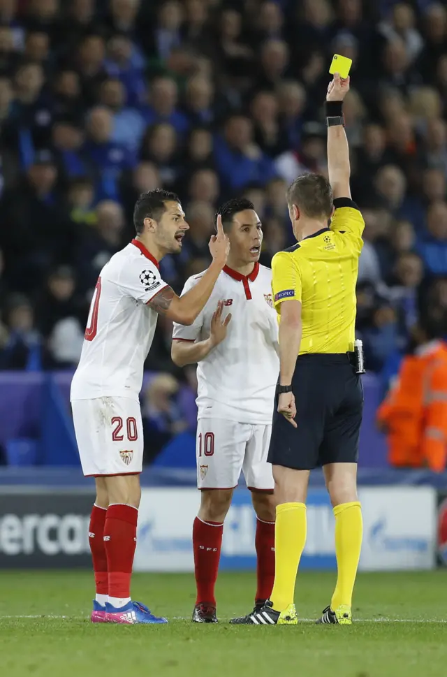 
          First booking of the night goes to Samir Nasri and deservedly so. He boots Ndidi up in the air and down to the turf.
        