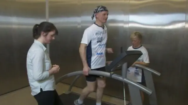 Blind Dave Heeley in training on a running machine