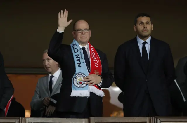 
          Prince Albert II of Monaco and Manchester City chairman Khaldoon Al Mubarak
        