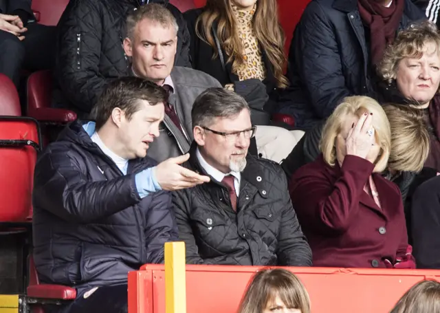 
          Hearts coach Jon Daly and director of football Craig Levein chat in the stand
        