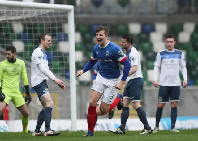 
          Cameron Stewart celebrates after putting Linfield in front against Ards at Windsor Park
        