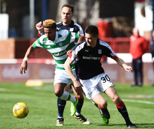 Celtic's Scott Sinclair is challenged by Dundee's Cammy Kerr