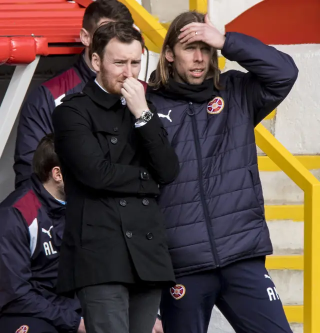 Hearts head coach Ian Cathro and assistant Austin MacPhee