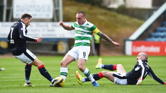 
          Dundee's Tom Hateley and James Vincent crowd out Celtic's Scott Brown (centre)
        