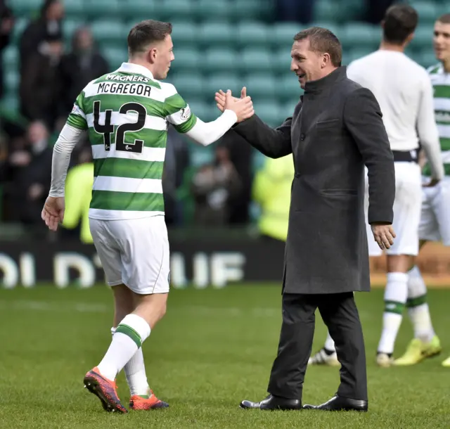 Callum McGregor with Celtic manager Brendan Rodgers