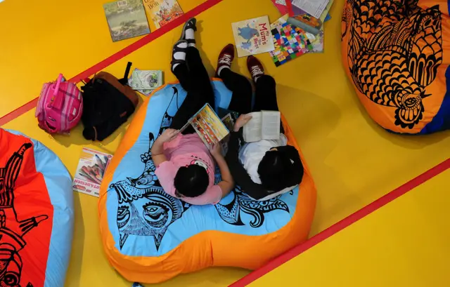 Children sitting on bean bag and reading