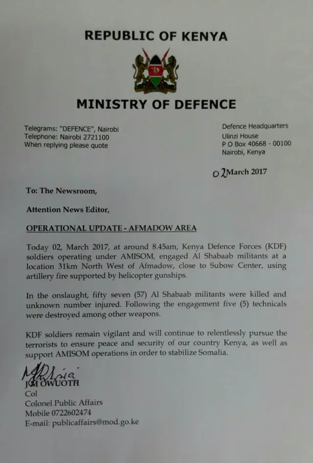 Statement from Kenya defence ministry