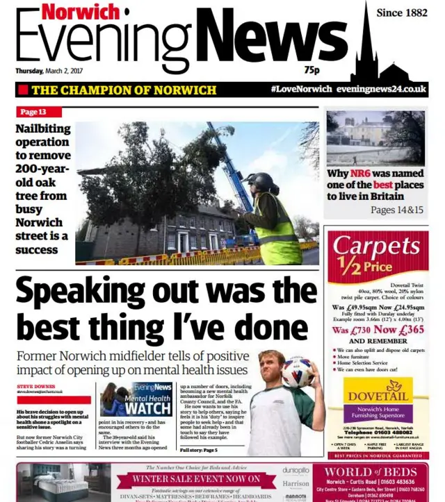 Front page of the Norwich Evening News