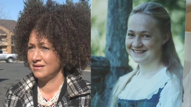 
          Photo composite showing Rachel Dolezal as a teenager, with blonde hair and white skin alongside a photo of her with hair in an Afro style and a darker skin tone.
        