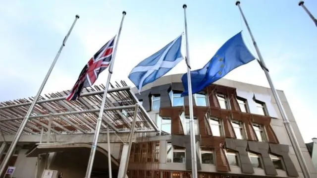 UK, Saltire and EU flags outside Holyrood