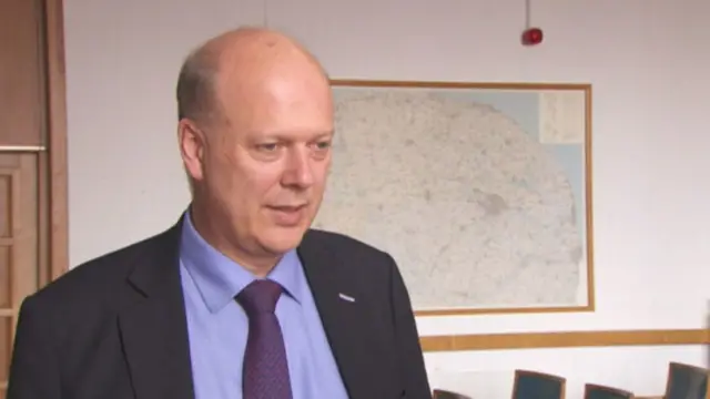 
          Chris Grayling, in dark suit and purple shirt, standing in an office with a map of Norfolk behind
        