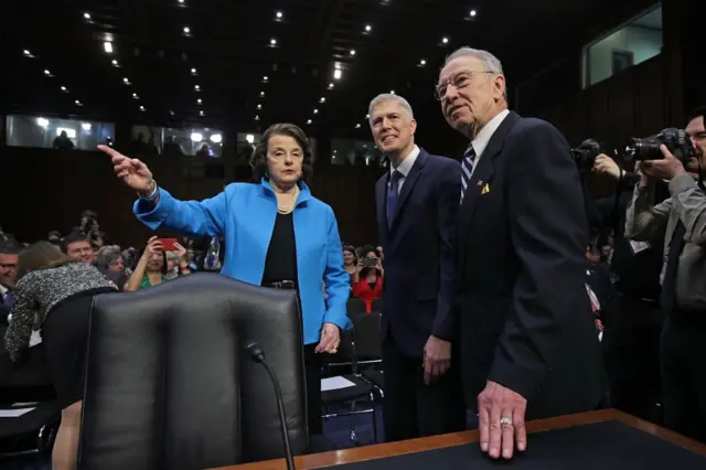 Dianne Feinstein with Neil Gorsuch (C) and Chuck Grassley